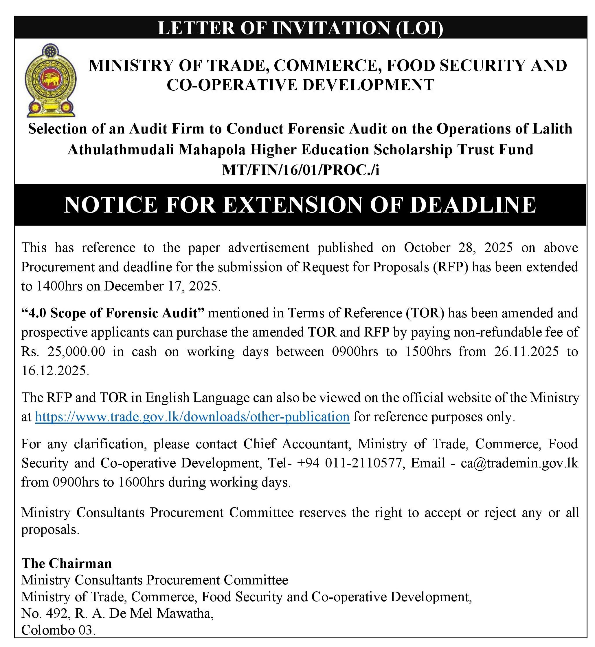 Amendment: Selection of an Audit Firm  for the Operations of Mahapola Trust Fund - TOR