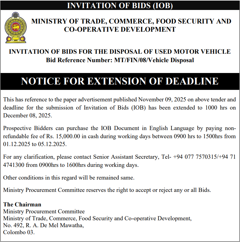 Notice for Extension of Deadline - Bids for the Disposal of Used Motor Vehicle