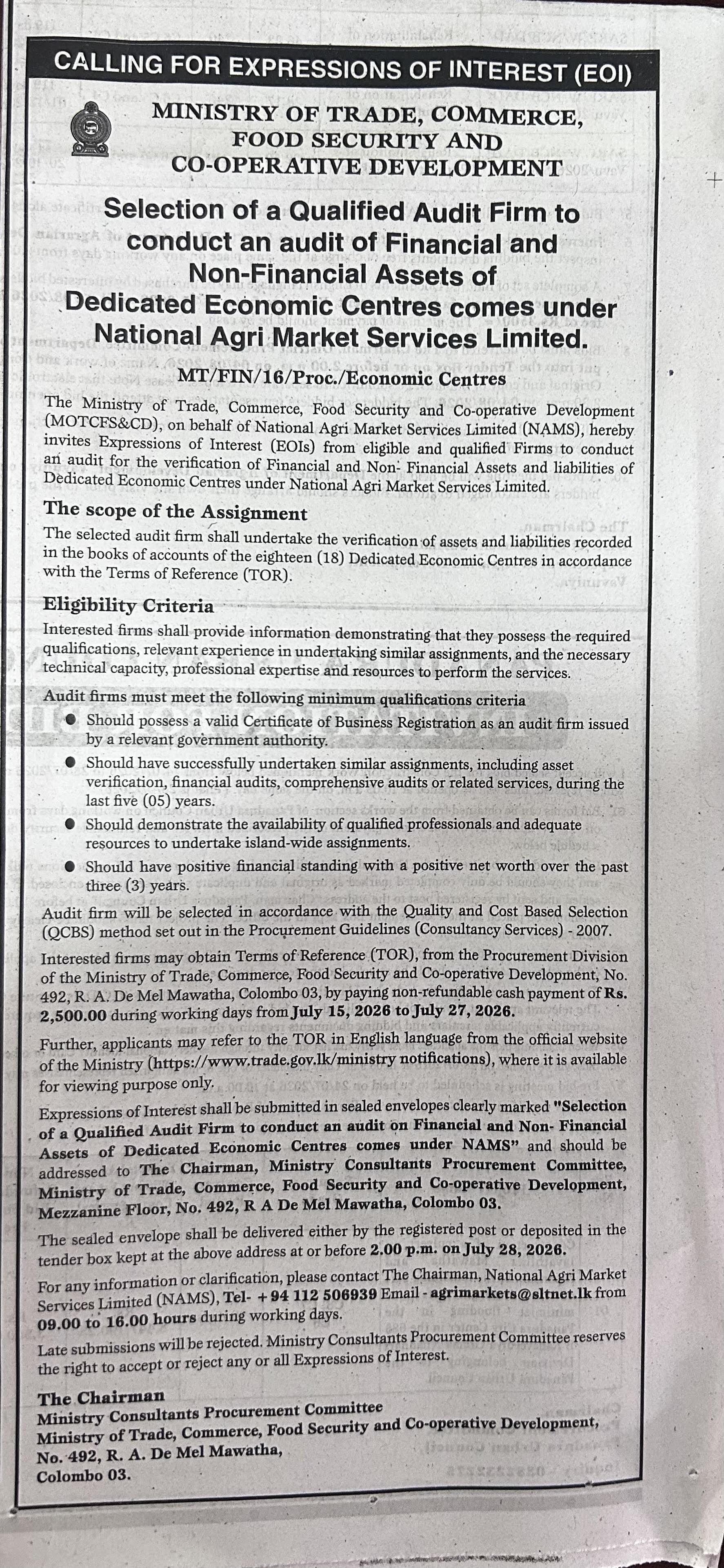 Selection of an audit firm for financial & non-financial asset audit of Dedicated Economic Centres