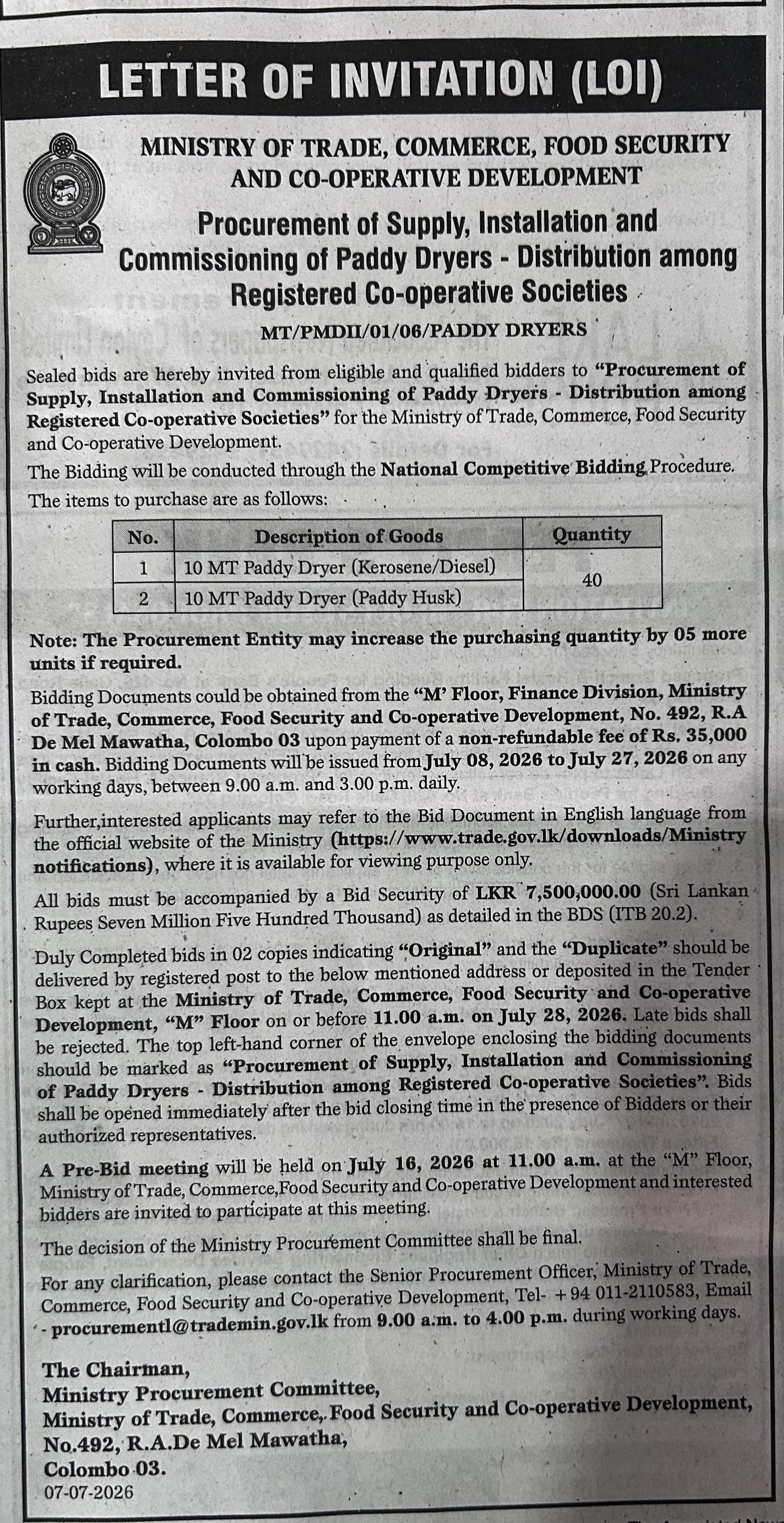 Supply, Installation & Commissioning of Paddy Dryers for Registered Co-operative Societies