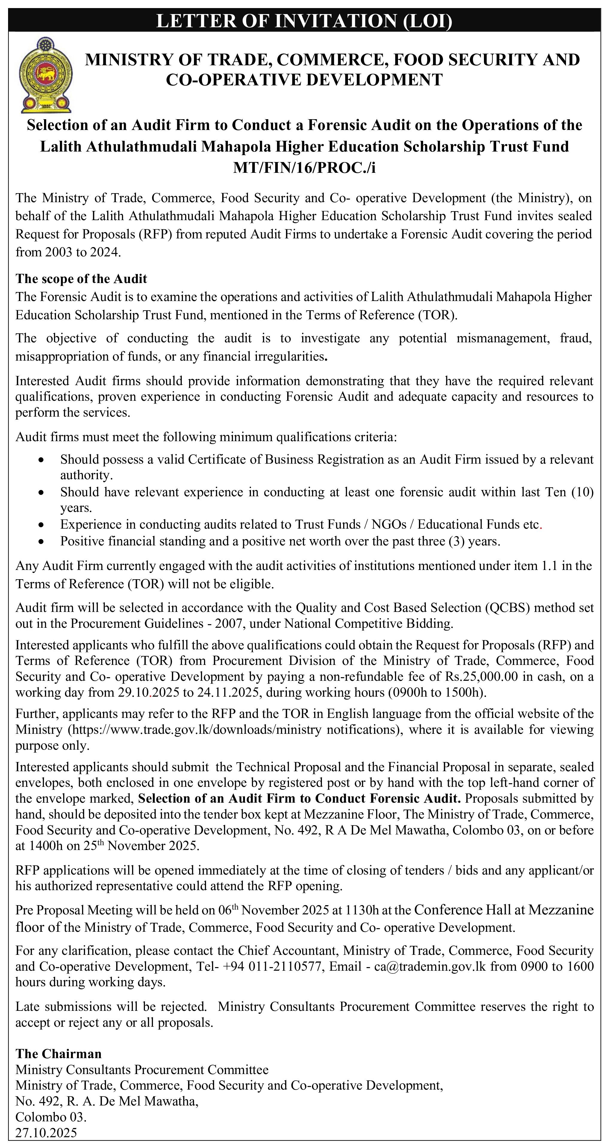 Selection of an Audit Firm to Conduct Forensic Audit on the Operations of  Mahapola Trust Fund
